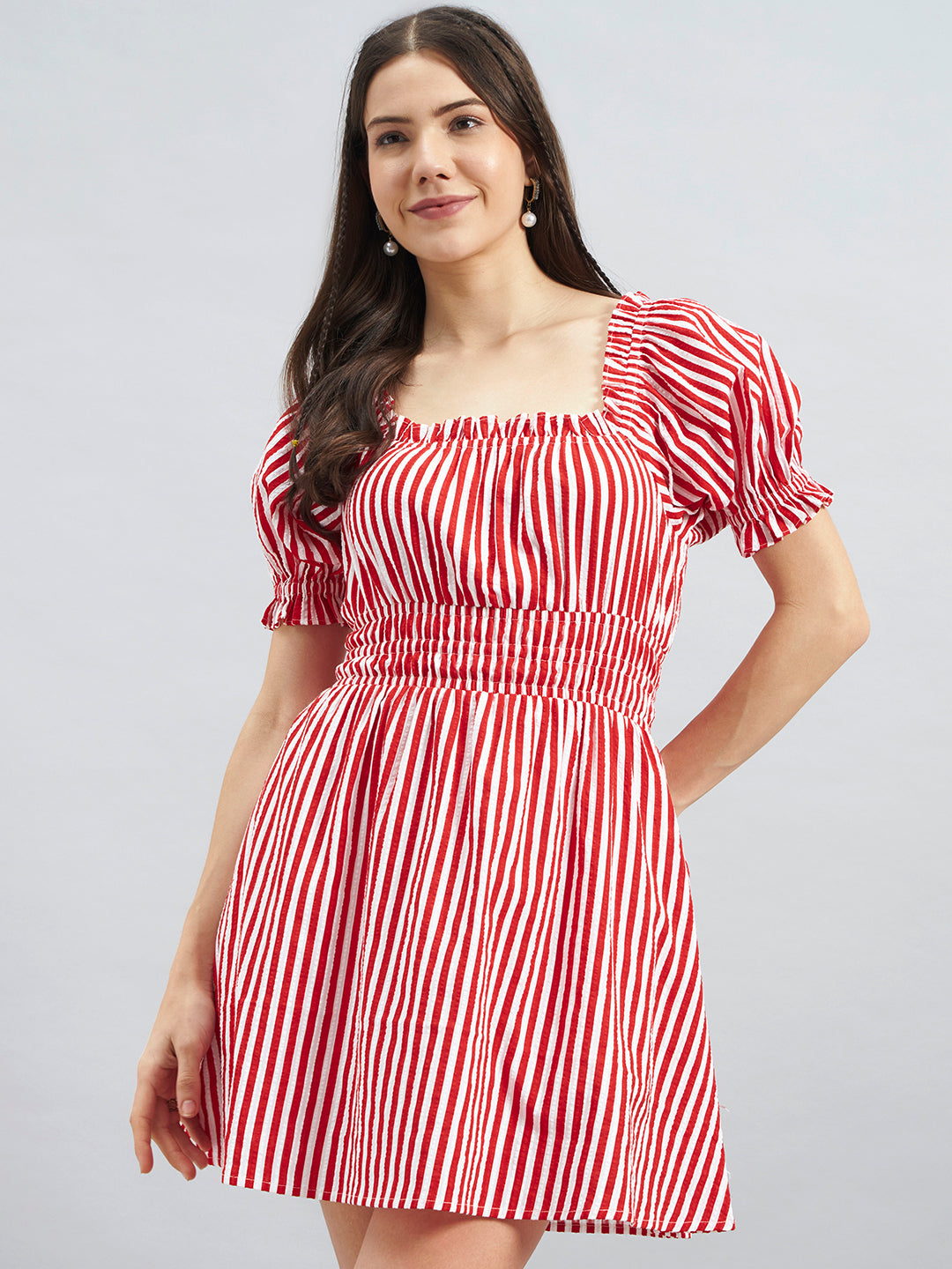 Red & White Striped Cotton Fit & Flare Dress
