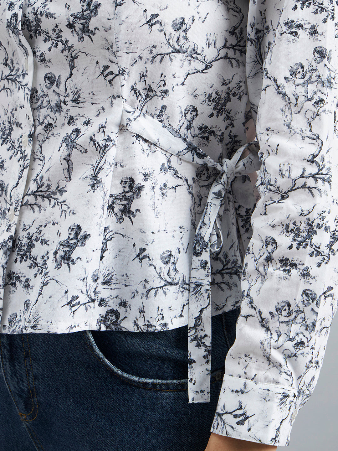 White Blue Toile Print Cotton Shirt with Side Tie-Up
