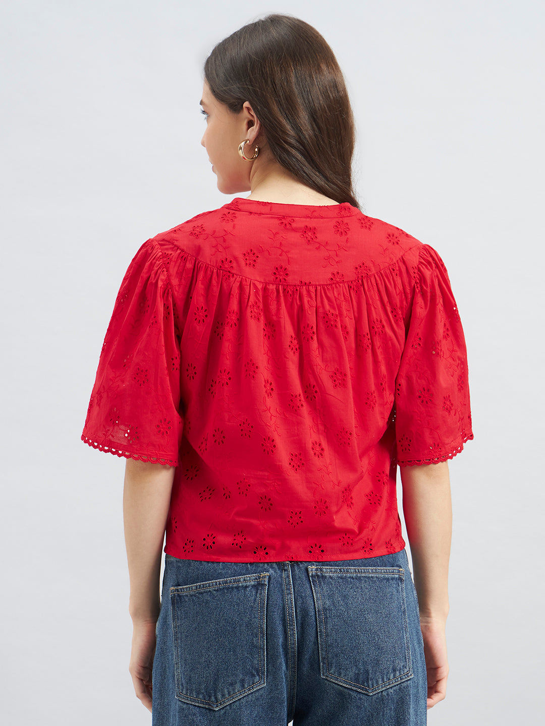 Red Cambric Schiffli Top With Tie-Up Neck