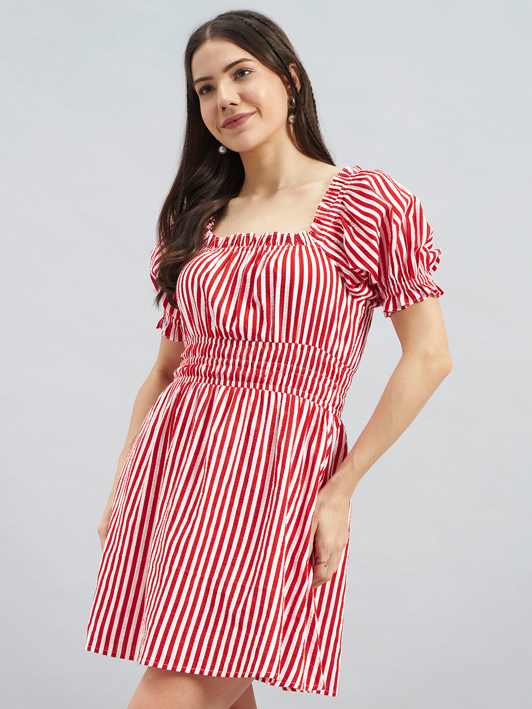 Red & White Striped Cotton Fit & Flare Dress