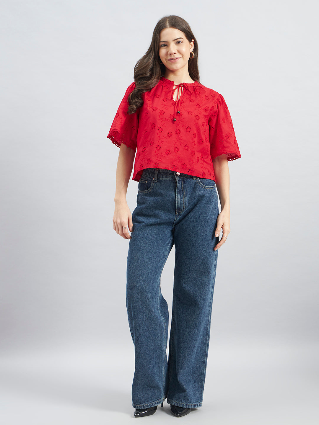 Red Cambric Schiffli Top With Tie-Up Neck