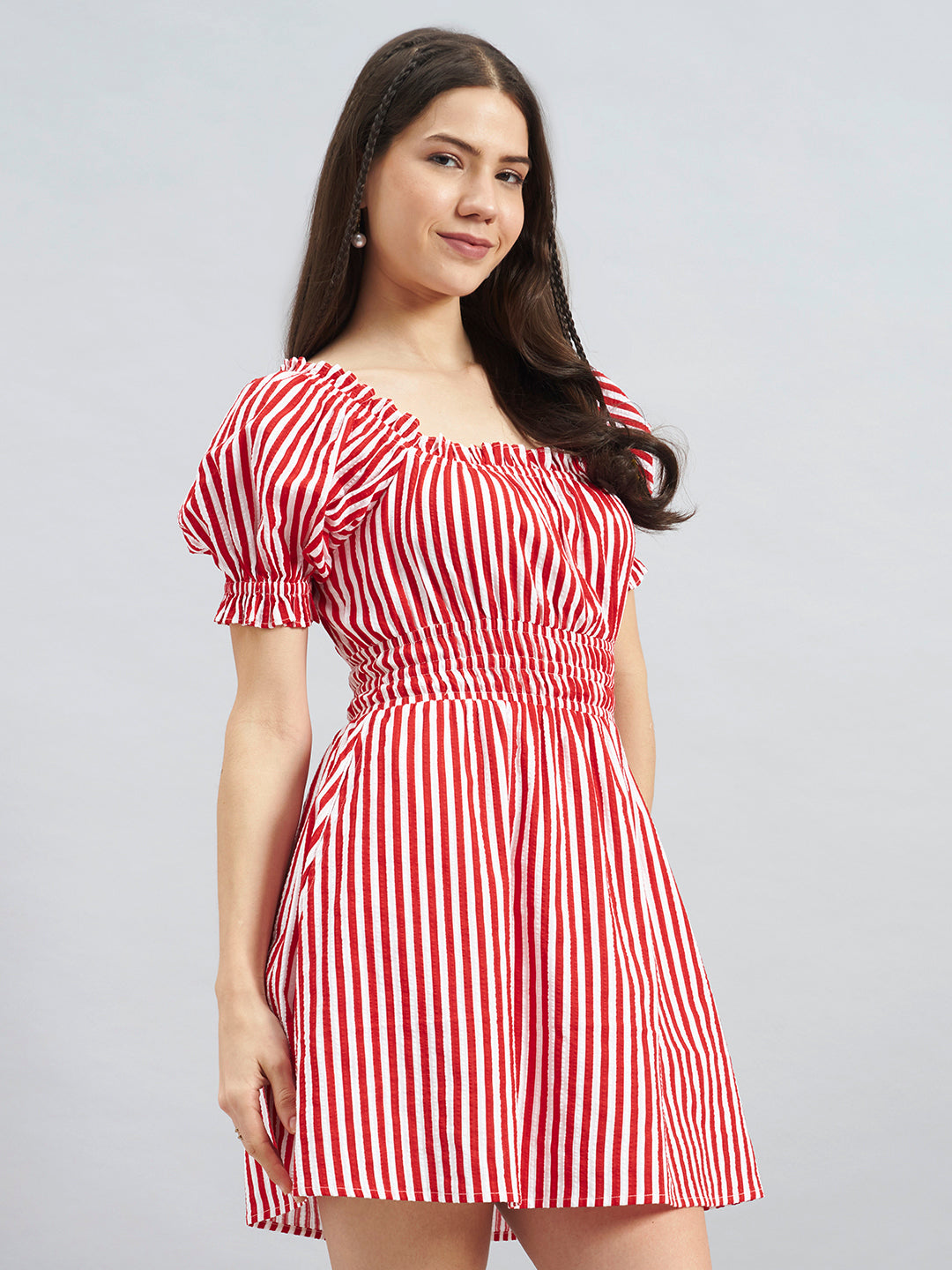 Red & White Striped Cotton Fit & Flare Dress