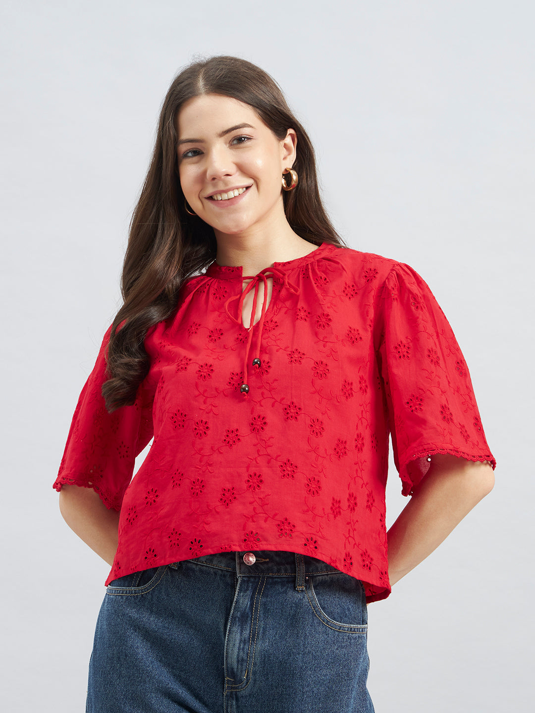 Red Cambric Schiffli Top With Tie-Up Neck