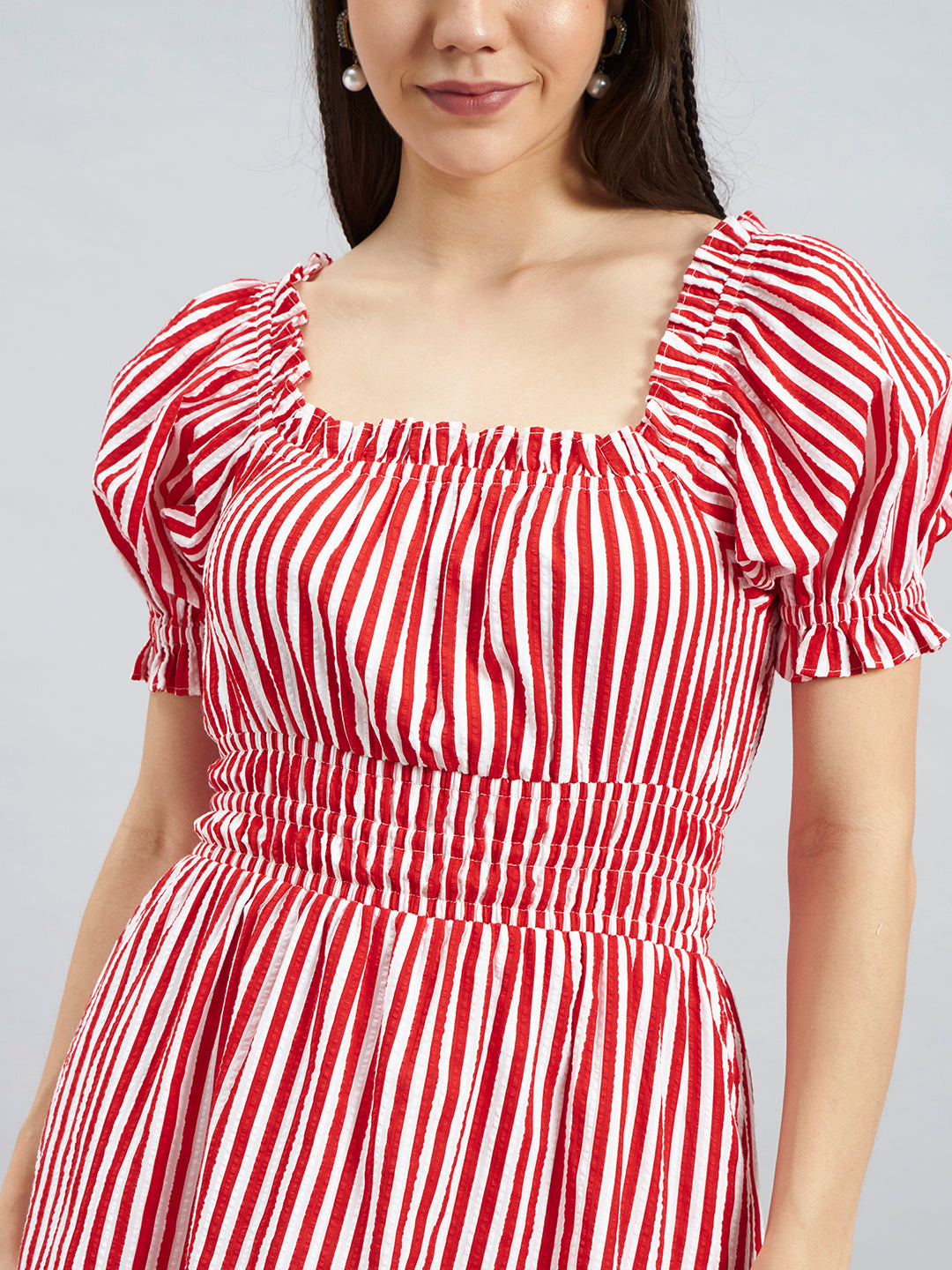 Red & White Striped Cotton Fit & Flare Dress