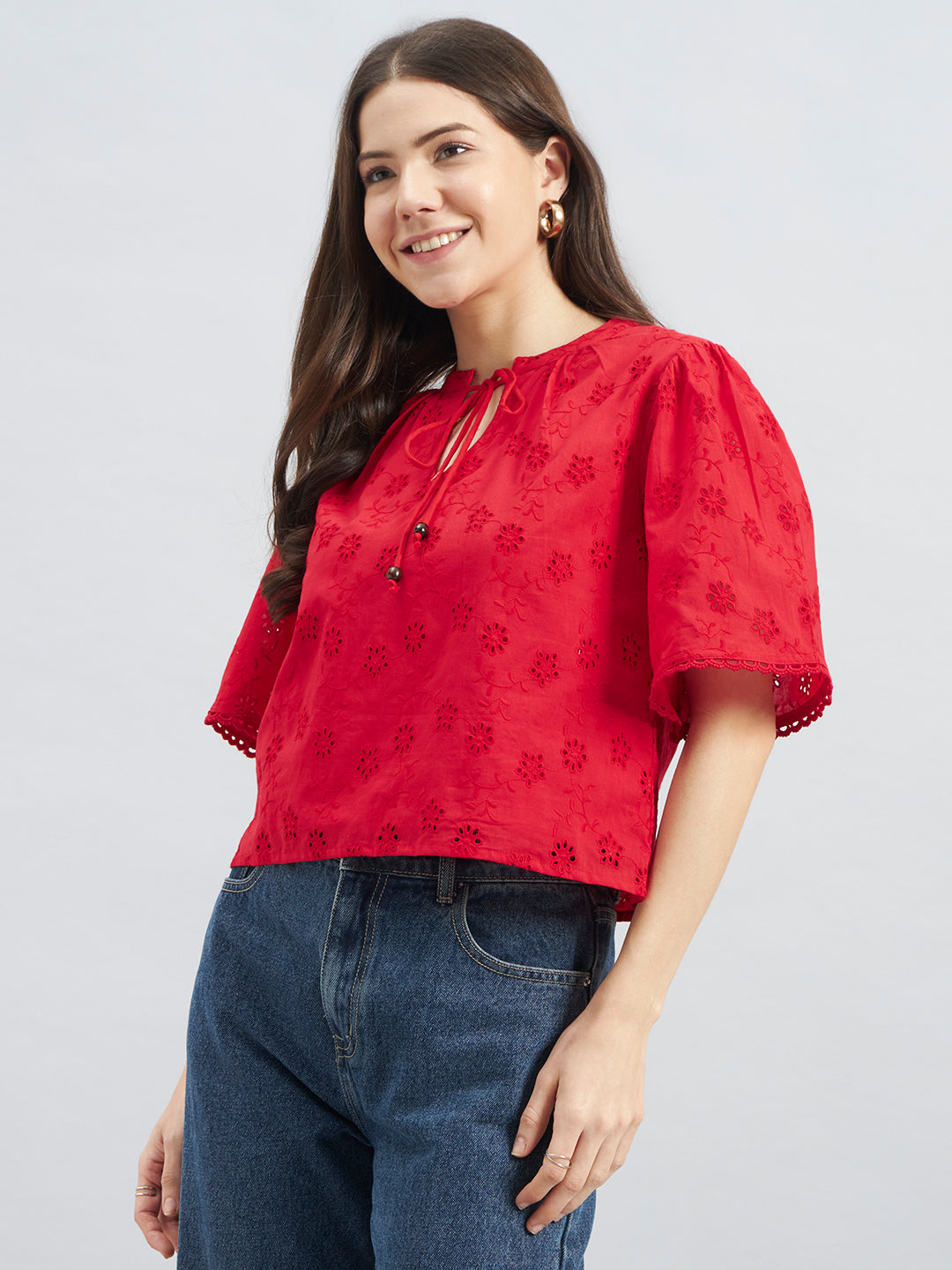 Red Cambric Schiffli Top With Tie-Up Neck