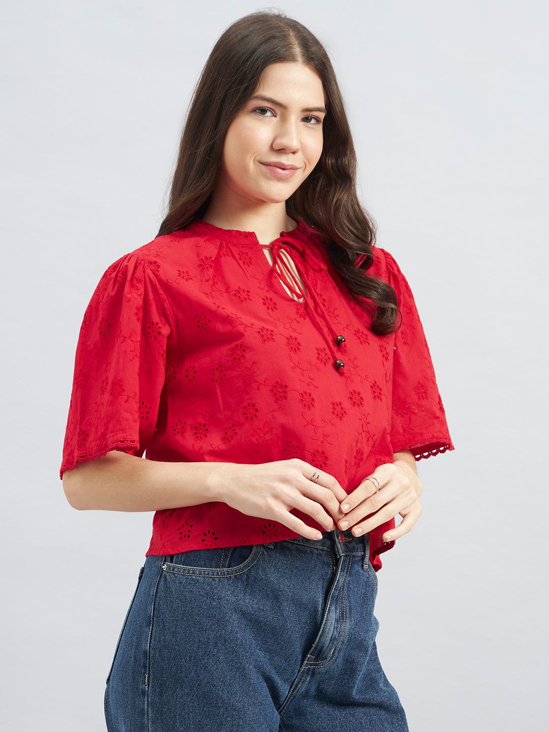 Red Cambric Schiffli Top With Tie-Up Neck