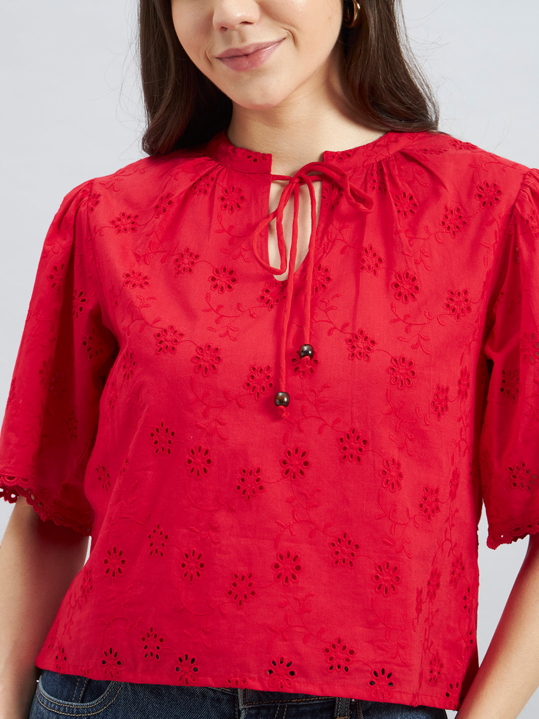 Red Cambric Schiffli Top With Tie-Up Neck