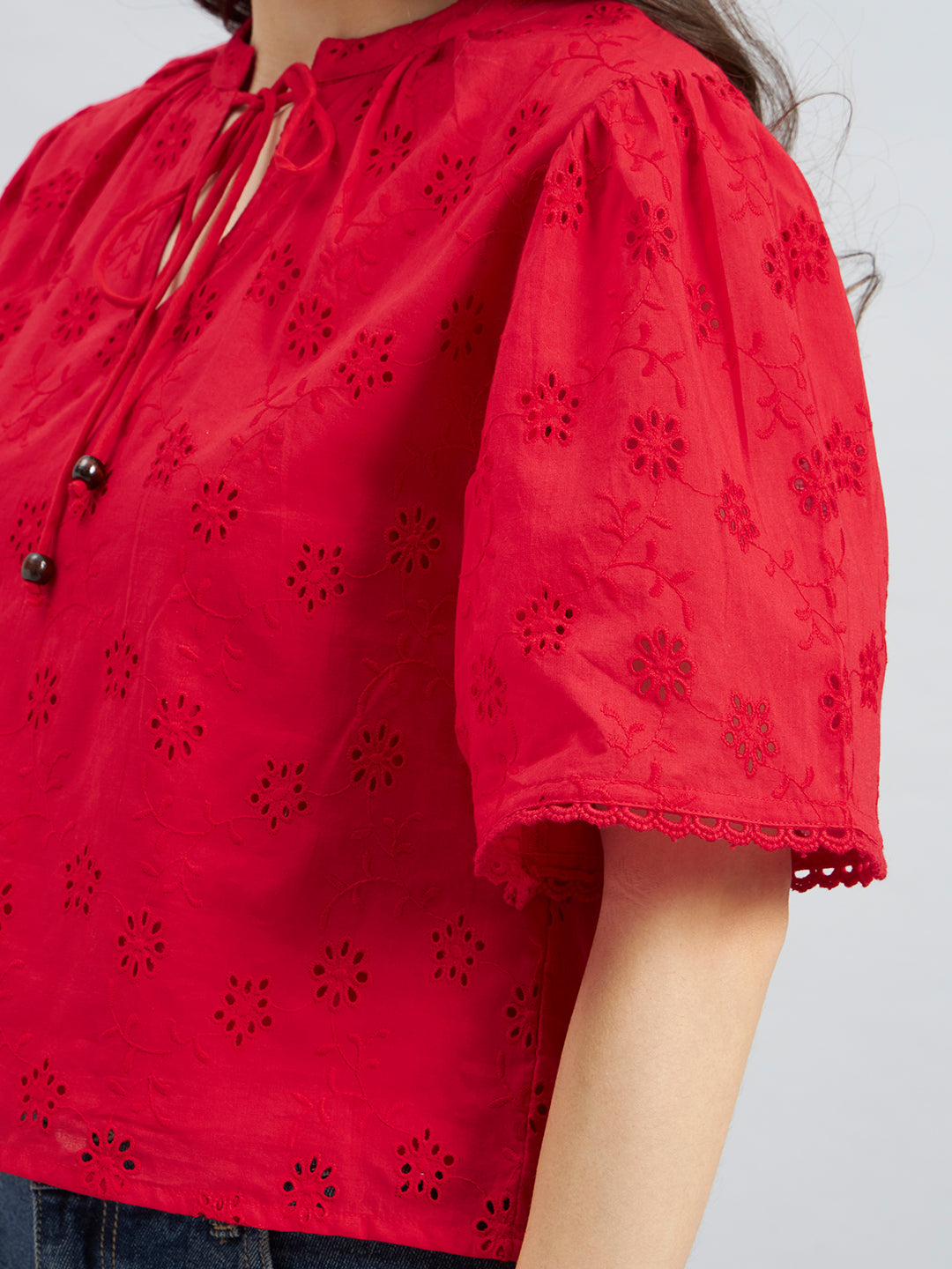 Red Cambric Schiffli Top With Tie-Up Neck