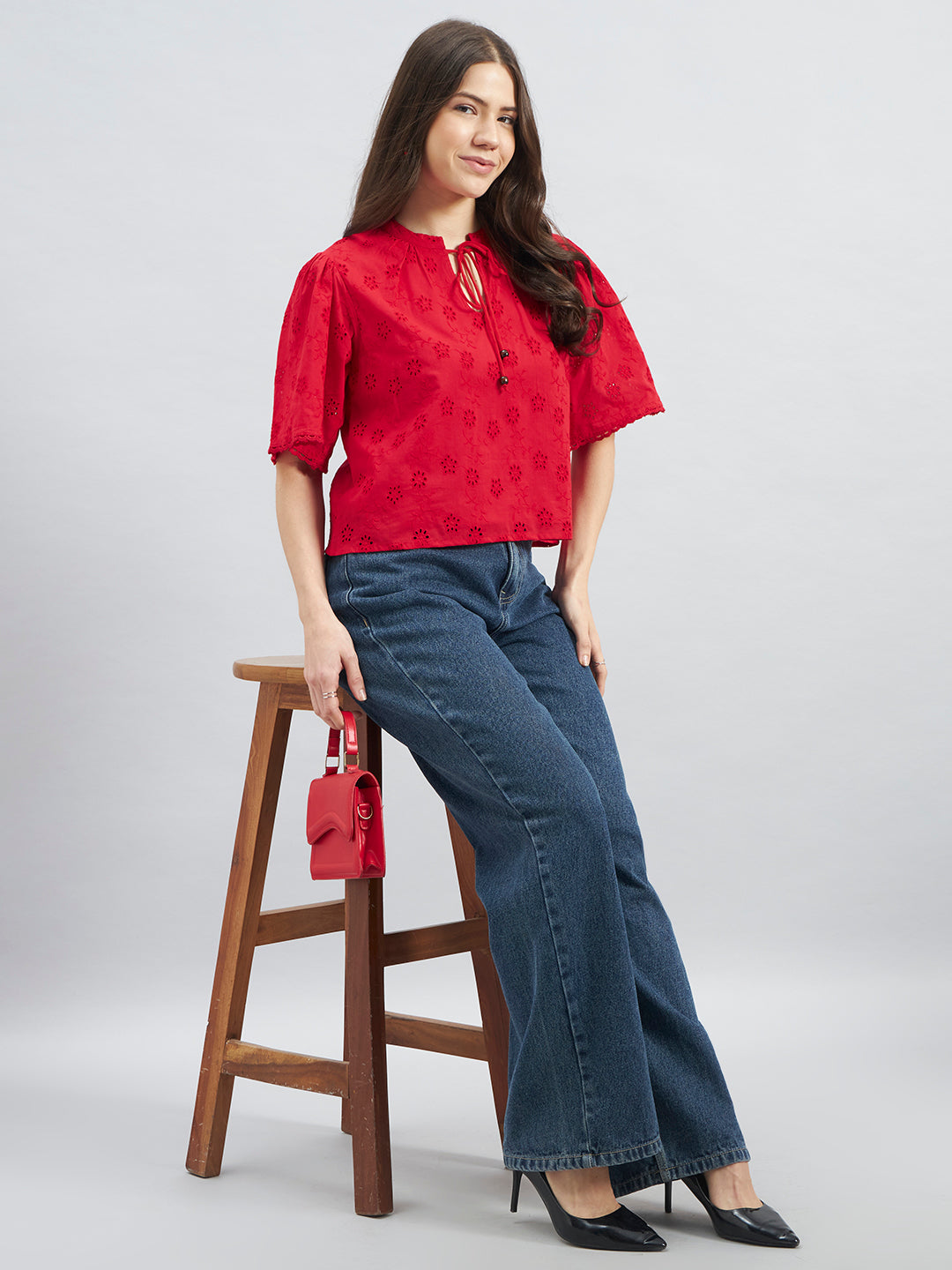 Red Cambric Schiffli Top With Tie-Up Neck
