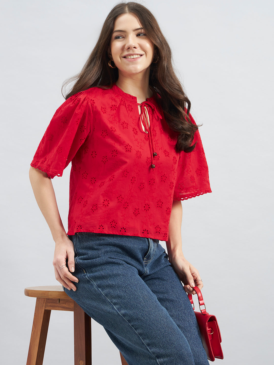Red Cambric Schiffli Top With Tie-Up Neck