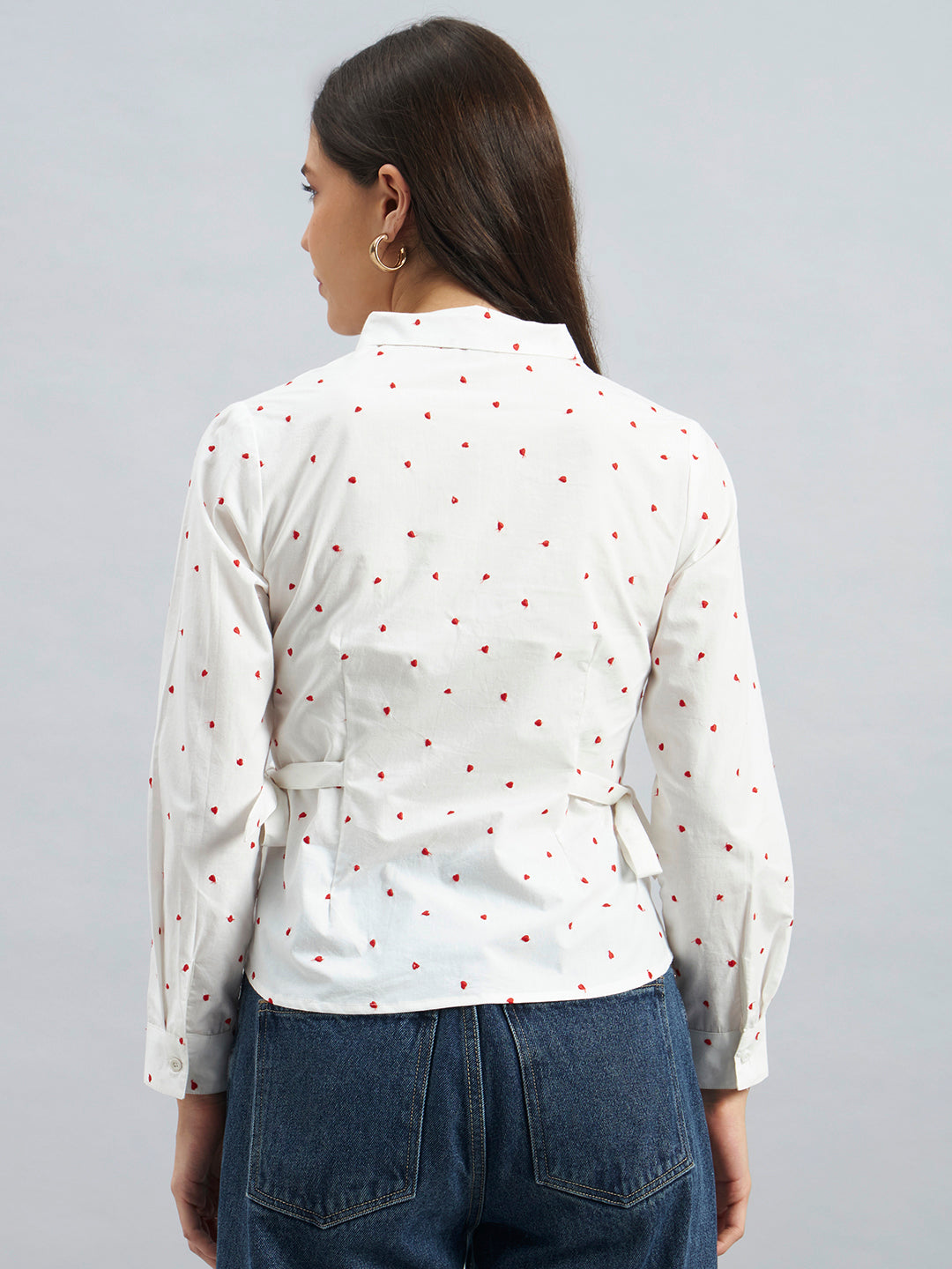 White Cotton Shirt With Red Heart Embroidery