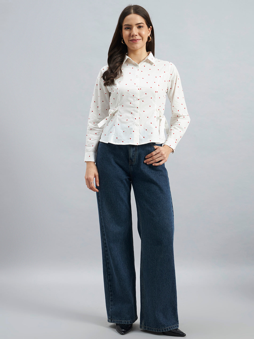 White Cotton Shirt With Red Heart Embroidery