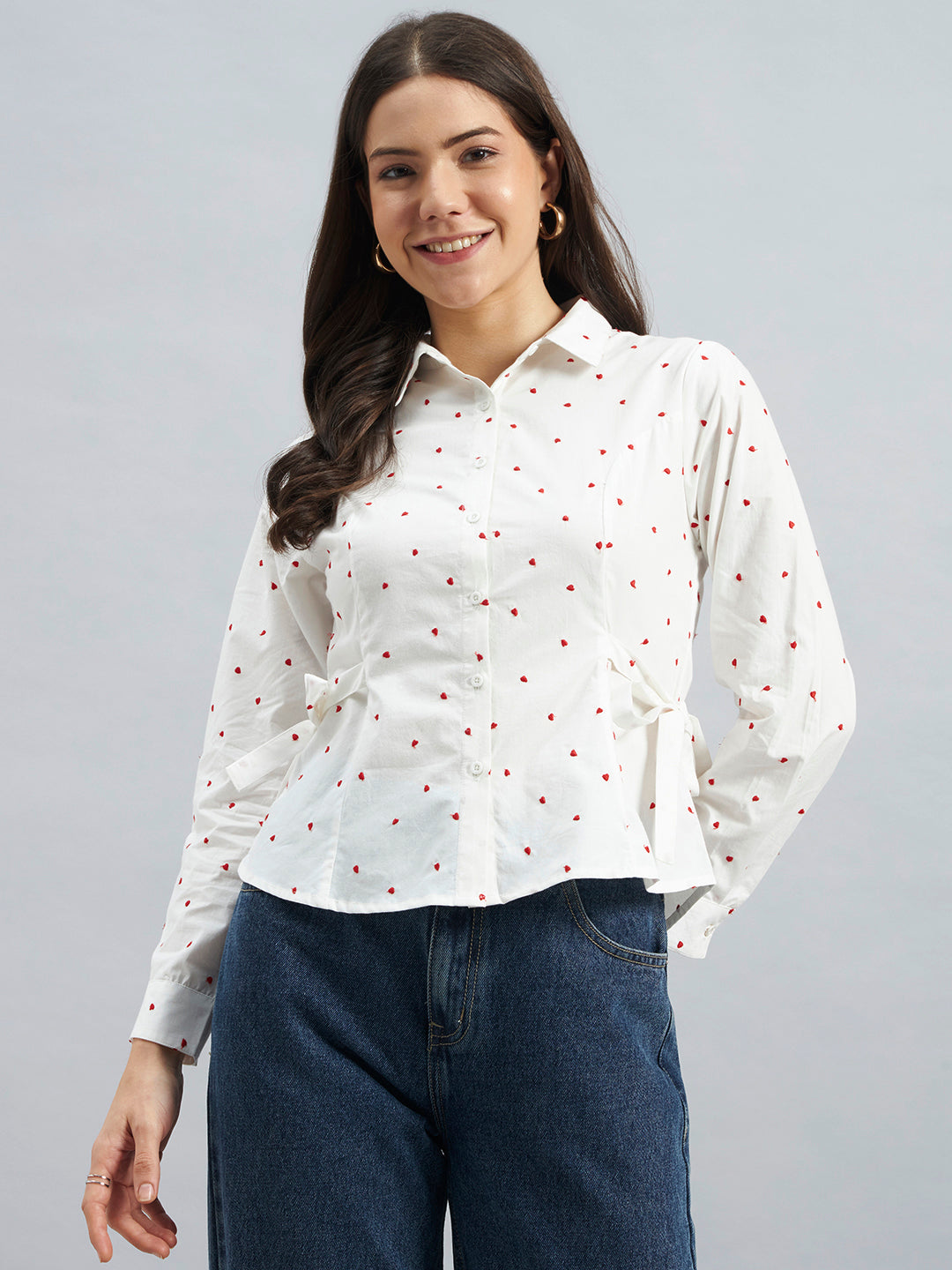 White Cotton Shirt With Red Heart Embroidery