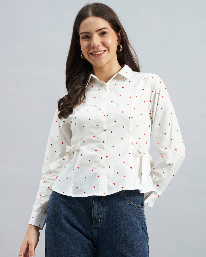 White Cotton Shirt With Red Heart Embroidery