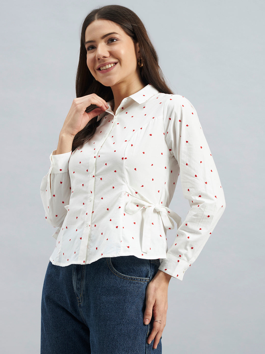 White Cotton Shirt With Red Heart Embroidery