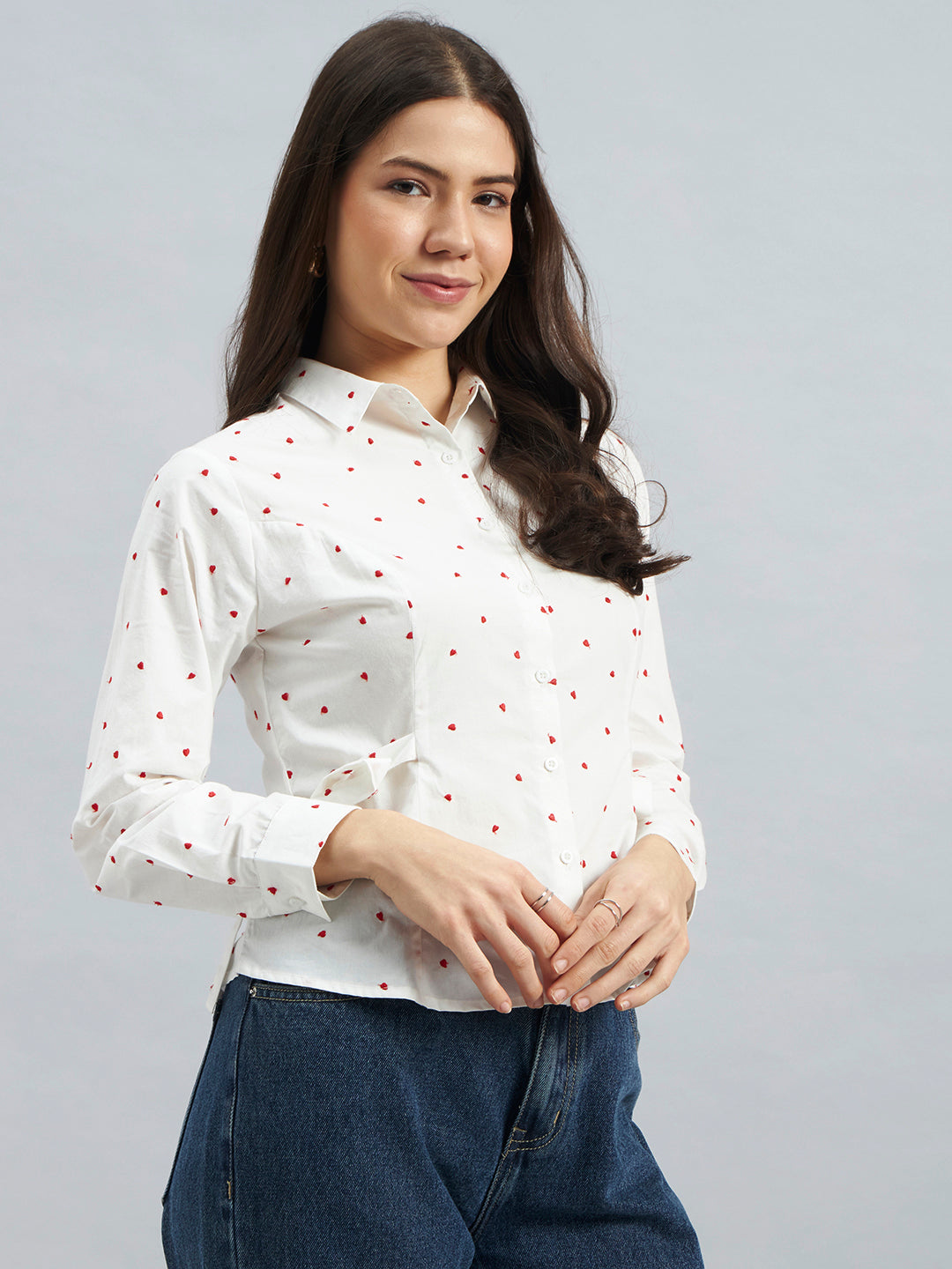 White Cotton Shirt With Red Heart Embroidery