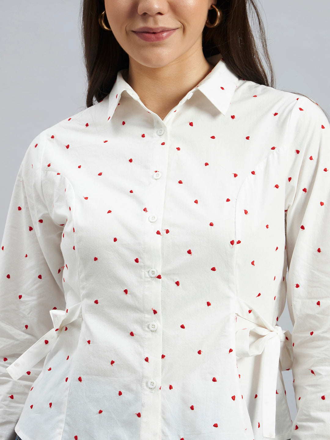 White Cotton Shirt With Red Heart Embroidery