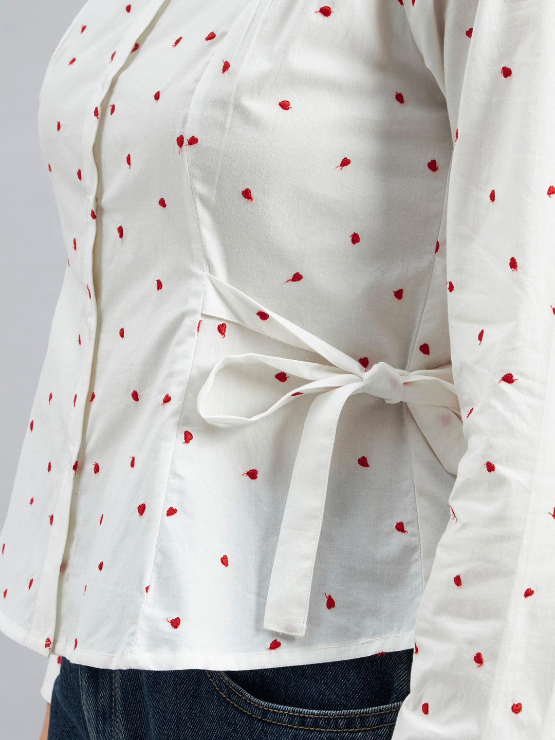 White Cotton Shirt With Red Heart Embroidery