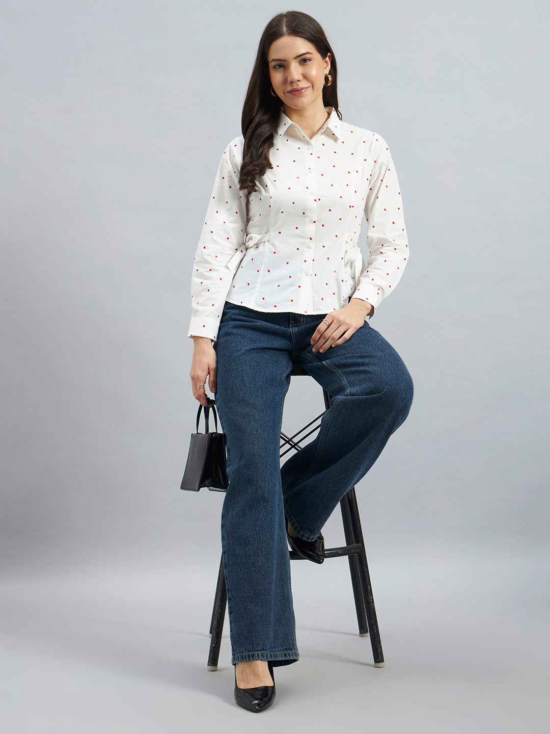 White Cotton Shirt With Red Heart Embroidery