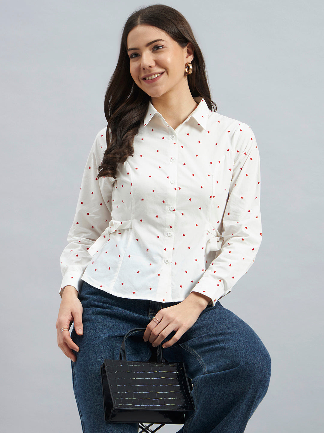 White Cotton Shirt With Red Heart Embroidery