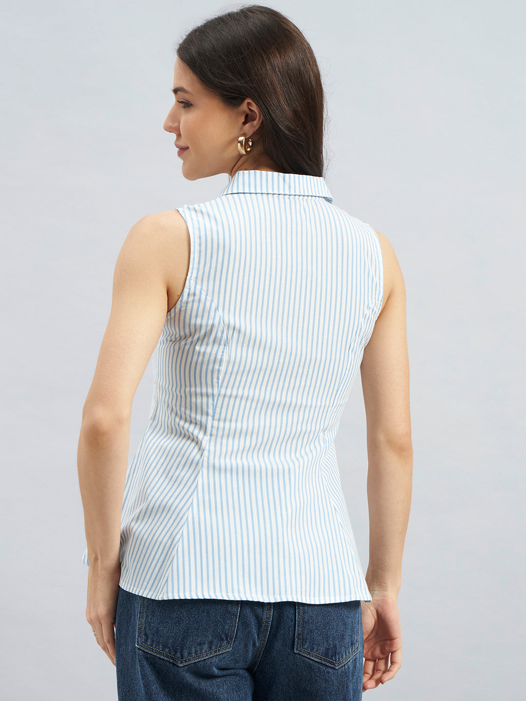 Blue Striped Sleeveless Cotton Shirt with Flared Hem