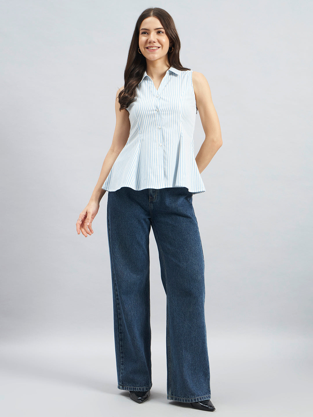 Blue Striped Sleeveless Cotton Shirt with Flared Hem