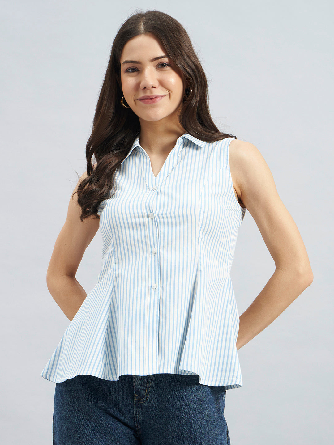 Blue Striped Sleeveless Cotton Shirt with Flared Hem
