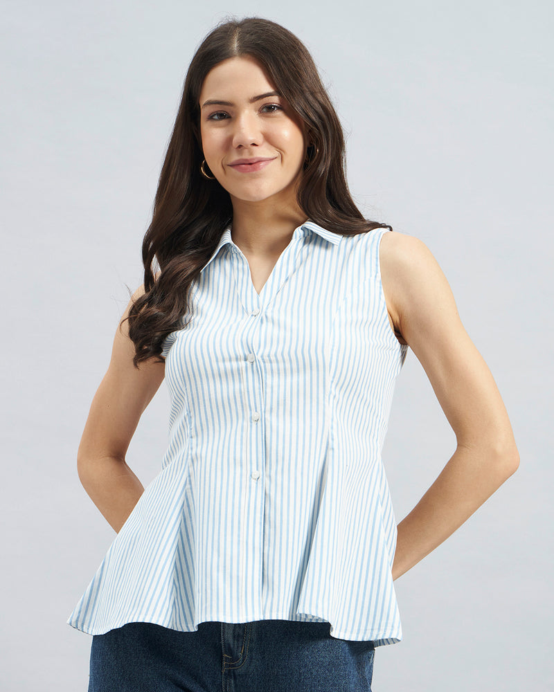 Blue Striped Sleeveless Cotton Shirt with Flared Hem