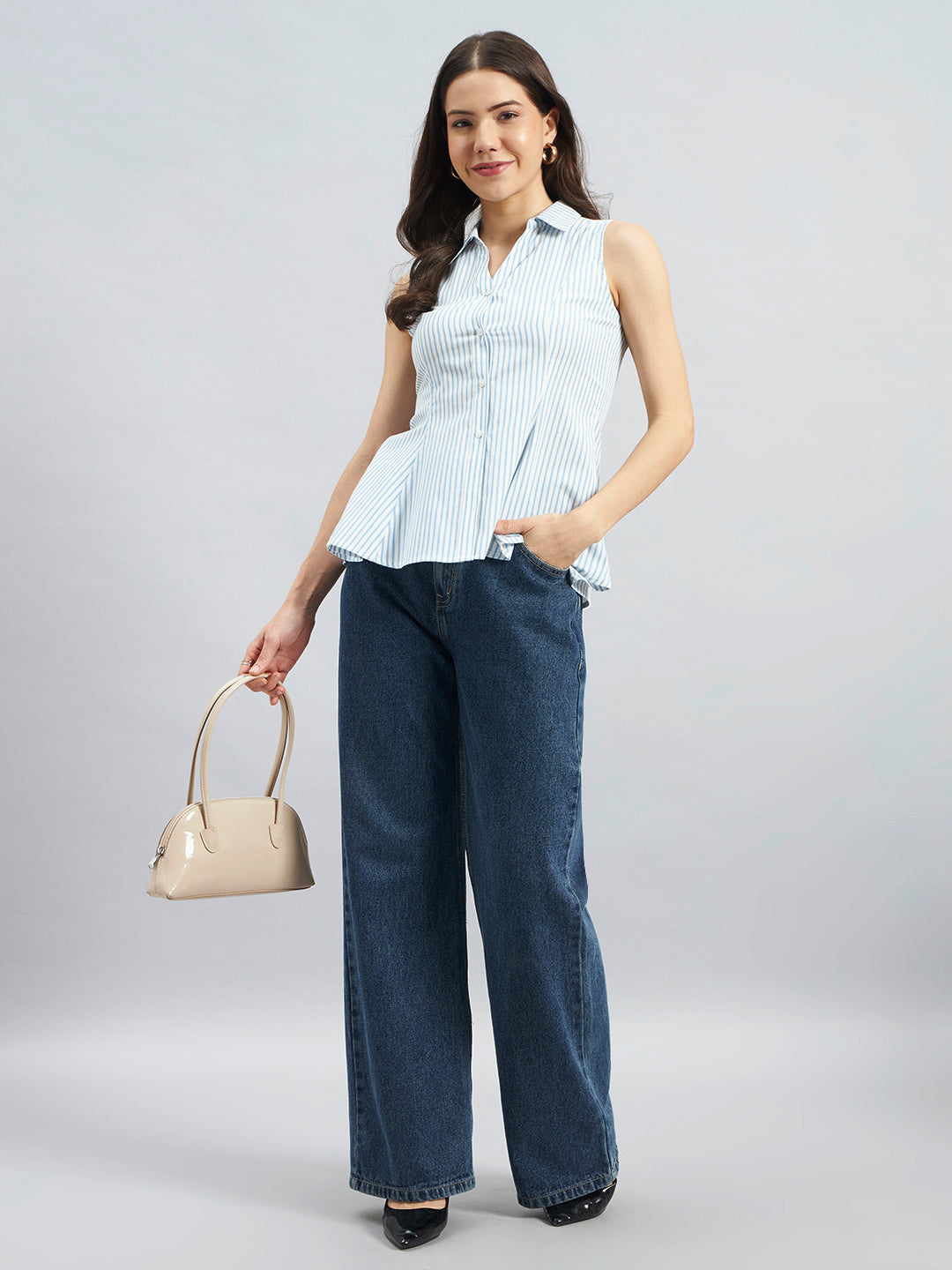 Blue Striped Sleeveless Cotton Shirt with Flared Hem