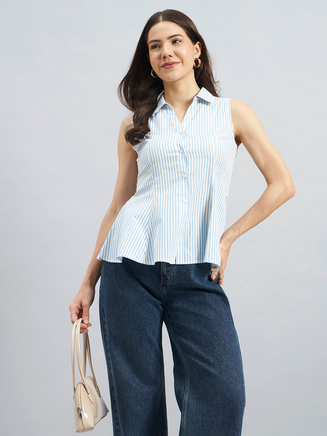 Blue Striped Sleeveless Cotton Shirt with Flared Hem