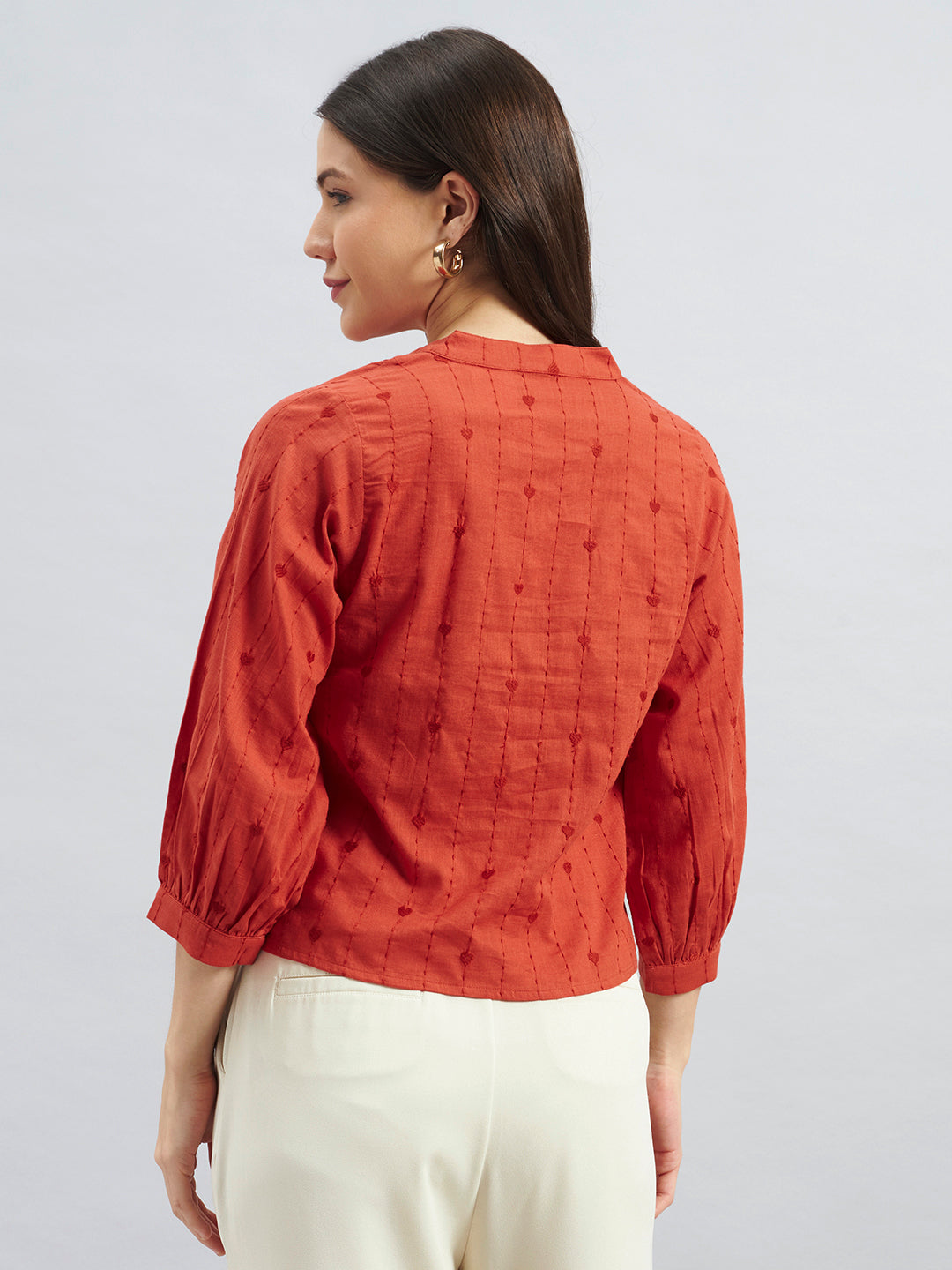 Rust Orange Cotton Embroidered Top – Tie-Up Neck