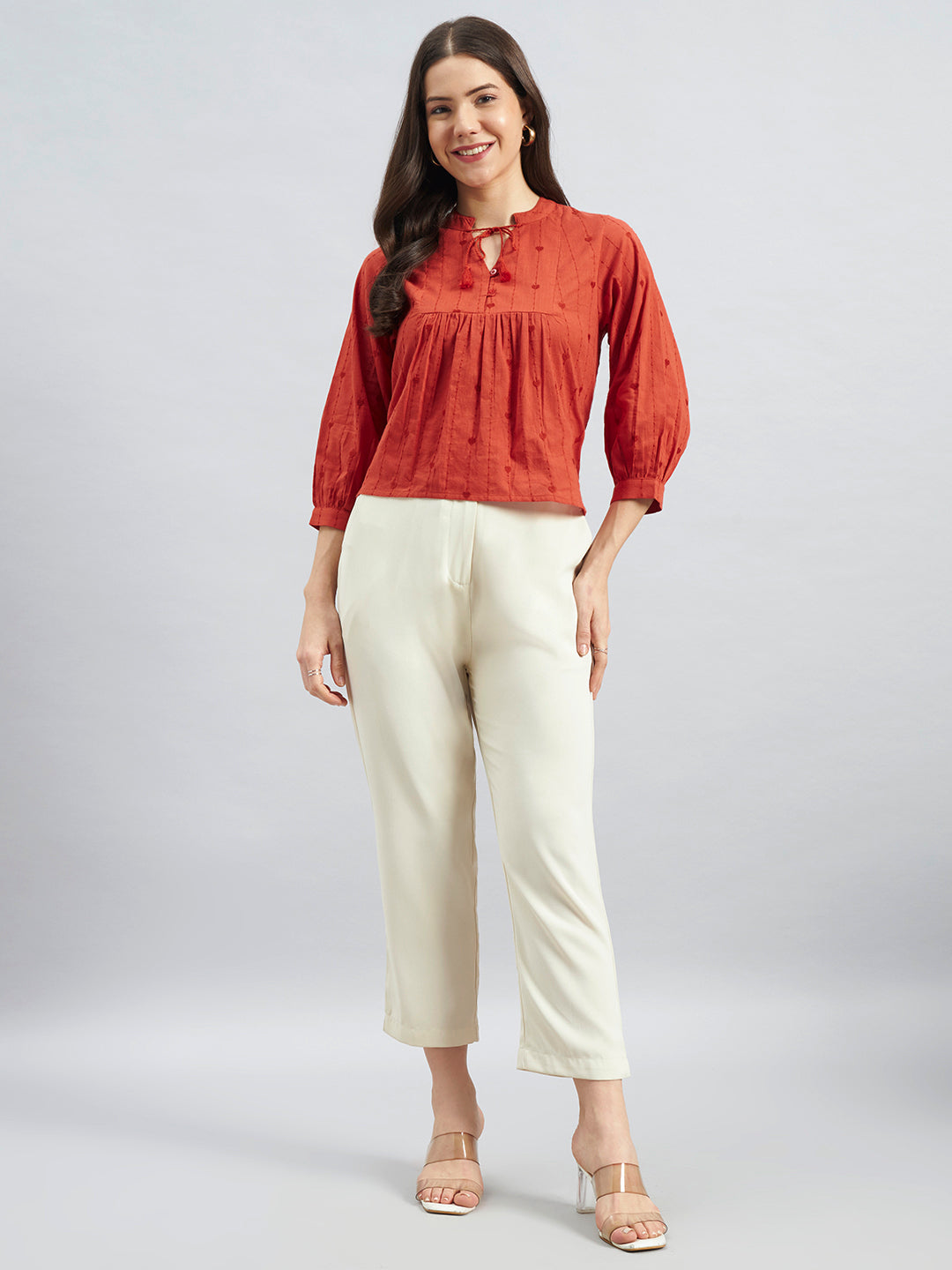 Rust Orange Cotton Embroidered Top – Tie-Up Neck