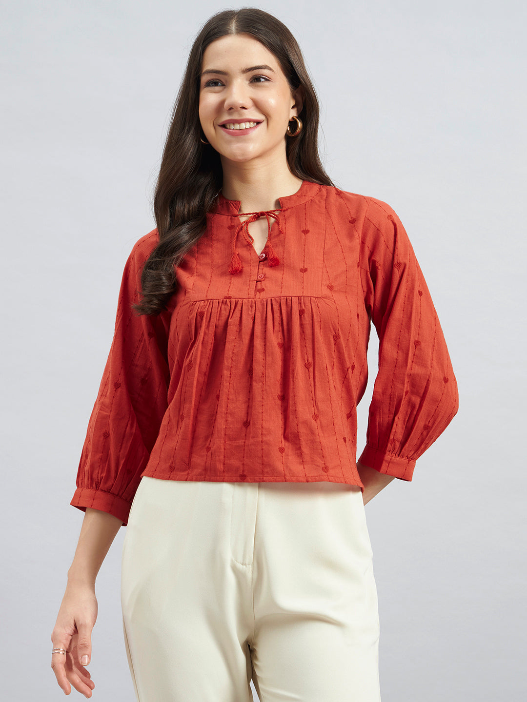 Rust Orange Cotton Embroidered Top – Tie-Up Neck