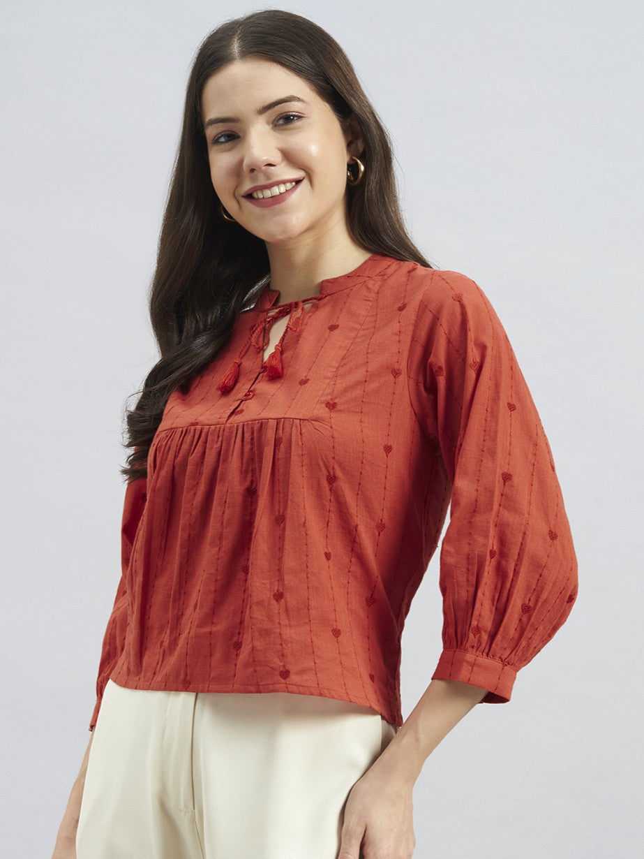Rust Orange Cotton Embroidered Top – Tie-Up Neck