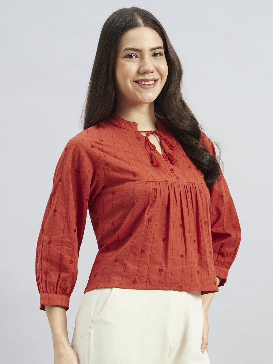 Rust Orange Cotton Embroidered Top – Tie-Up Neck