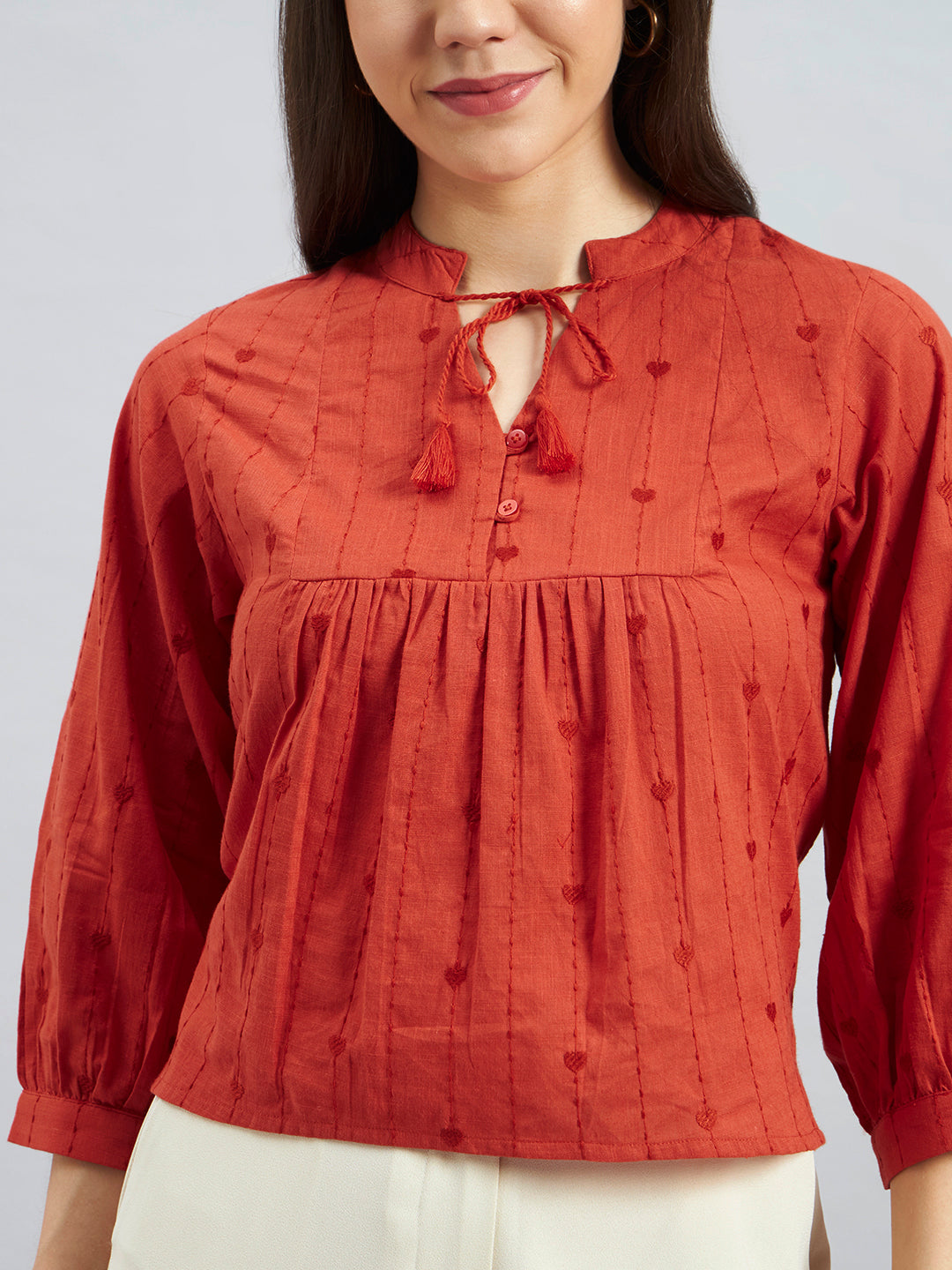 Rust Orange Cotton Embroidered Top – Tie-Up Neck