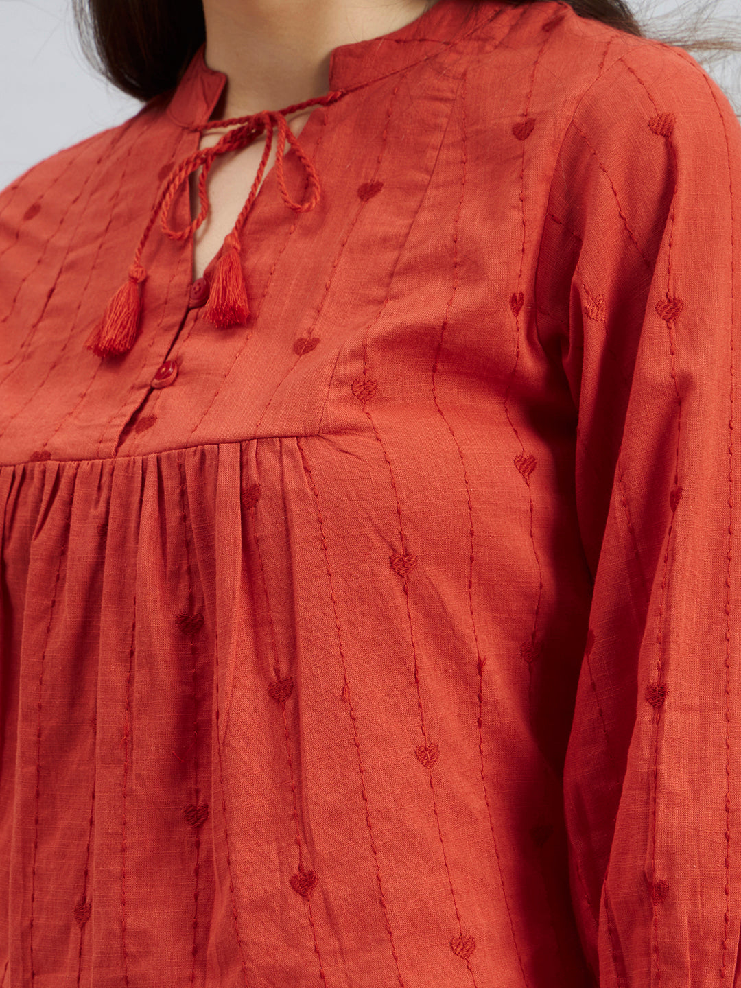 Rust Orange Cotton Embroidered Top – Tie-Up Neck