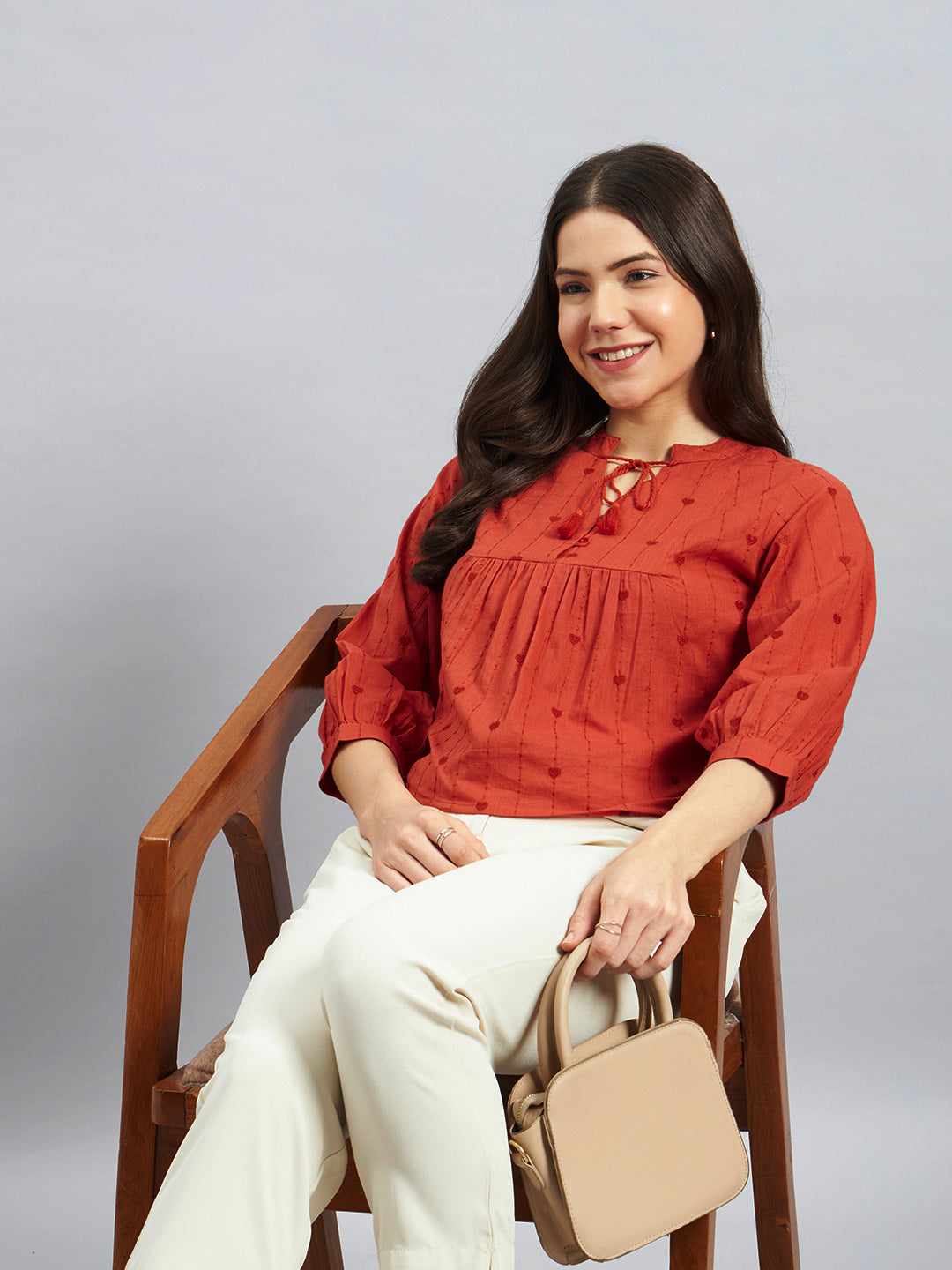 Rust Orange Cotton Embroidered Top – Tie-Up Neck