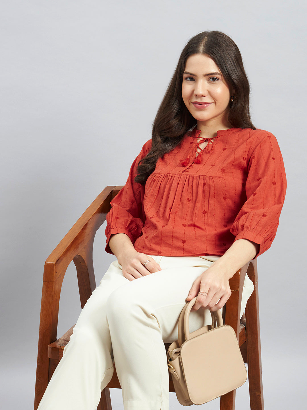 Rust Orange Cotton Embroidered Top – Tie-Up Neck