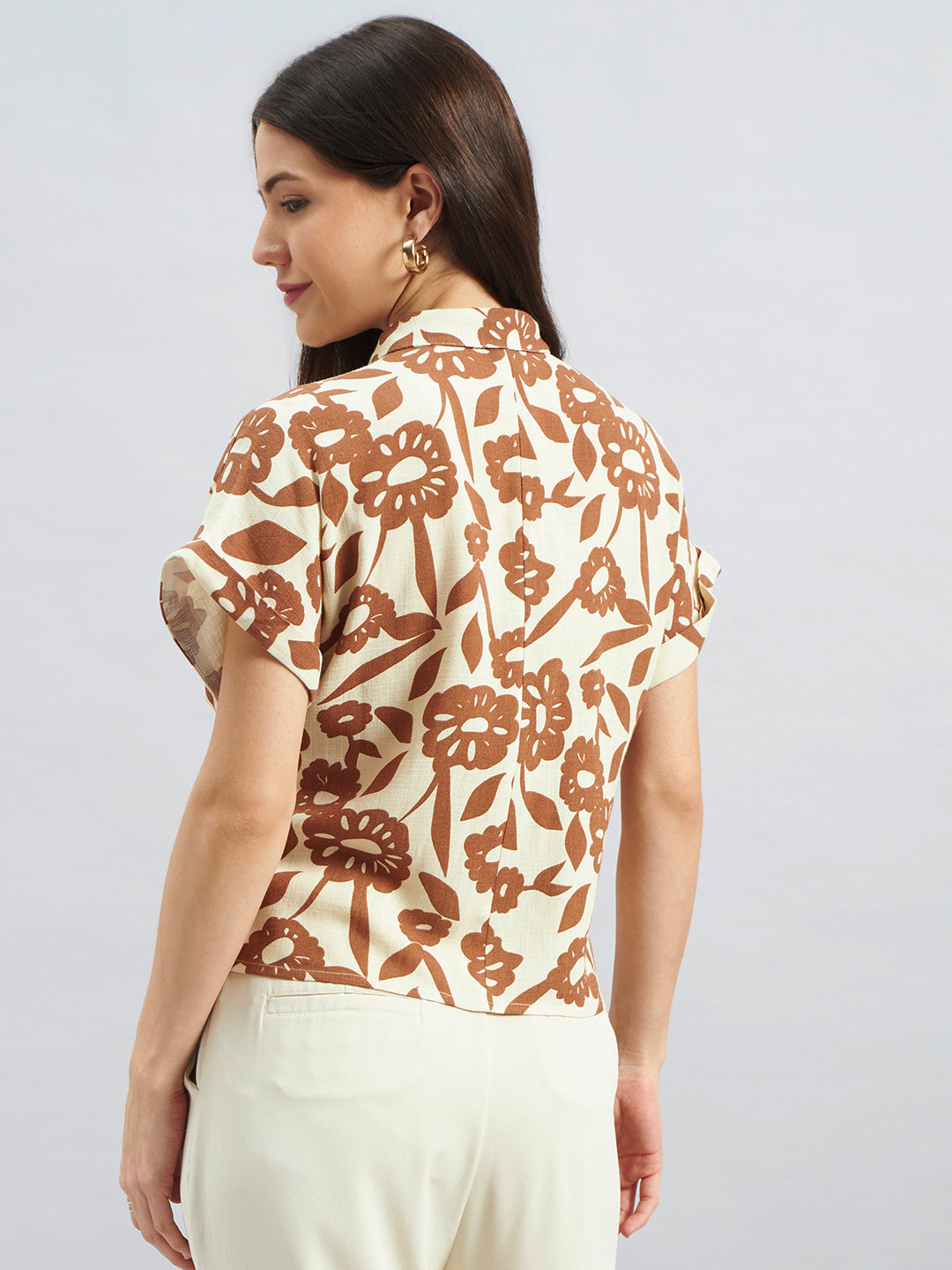 Beige & Brown Floral Print Cotton Flax Shirt