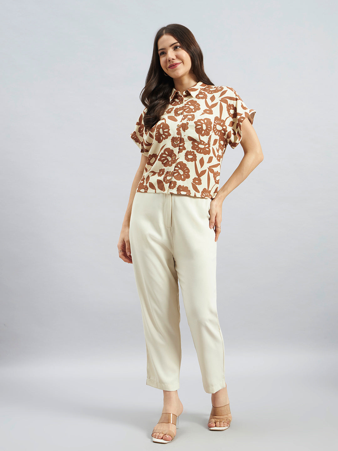Beige & Brown Floral Print Cotton Flax Shirt