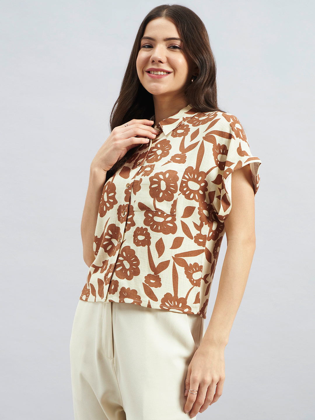 Beige & Brown Floral Print Cotton Flax Shirt