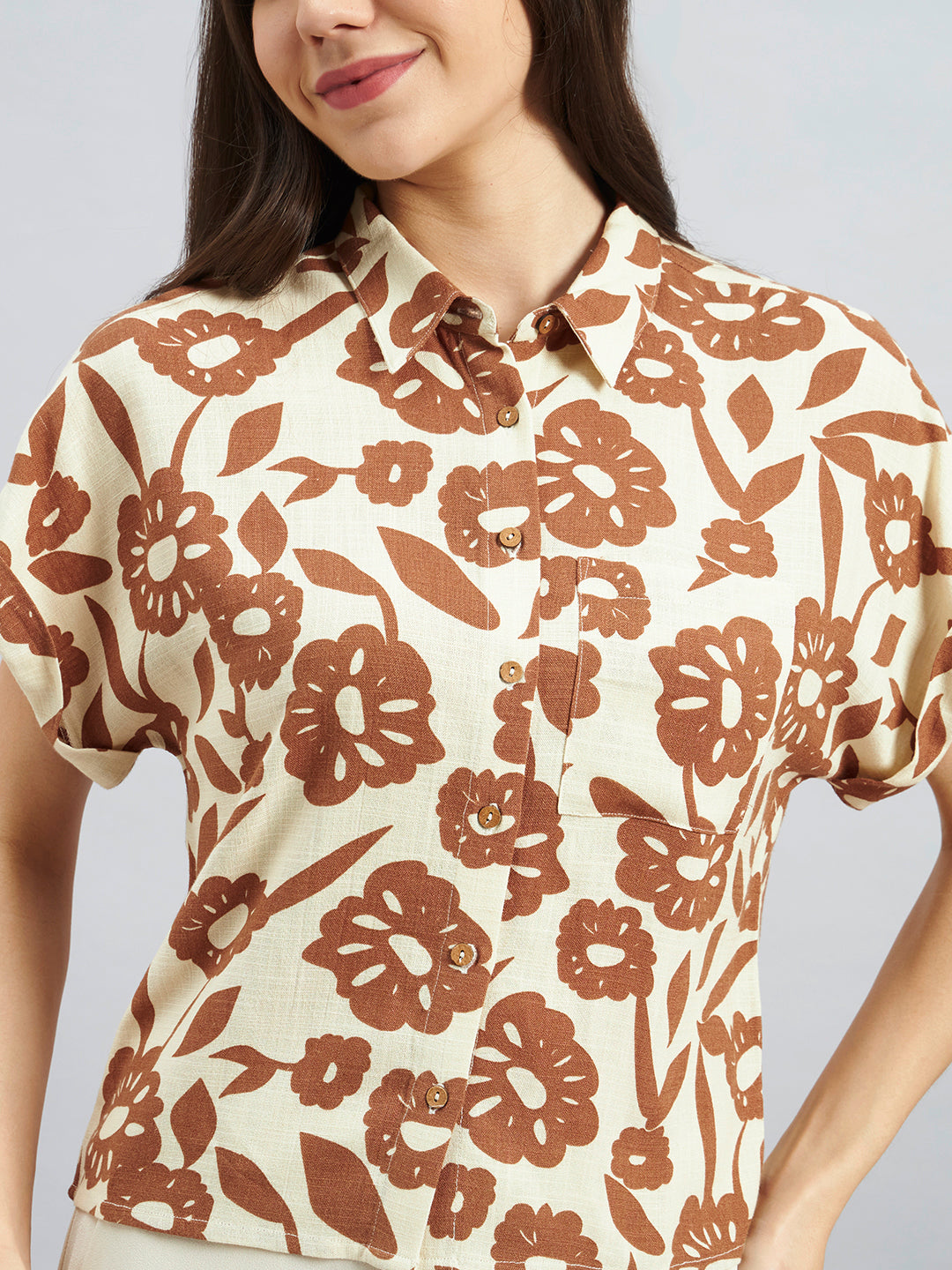 Beige & Brown Floral Print Cotton Flax Shirt