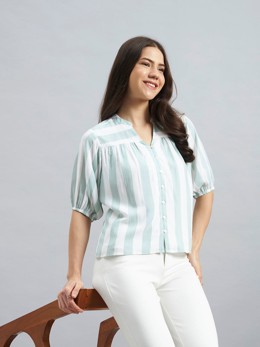 Mint Green & White Striped Rayon Top