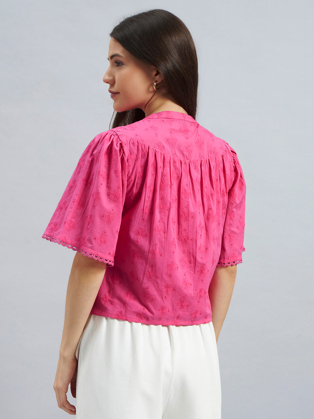 Pink Schiffly Top With Flared Sleeves In Cotton