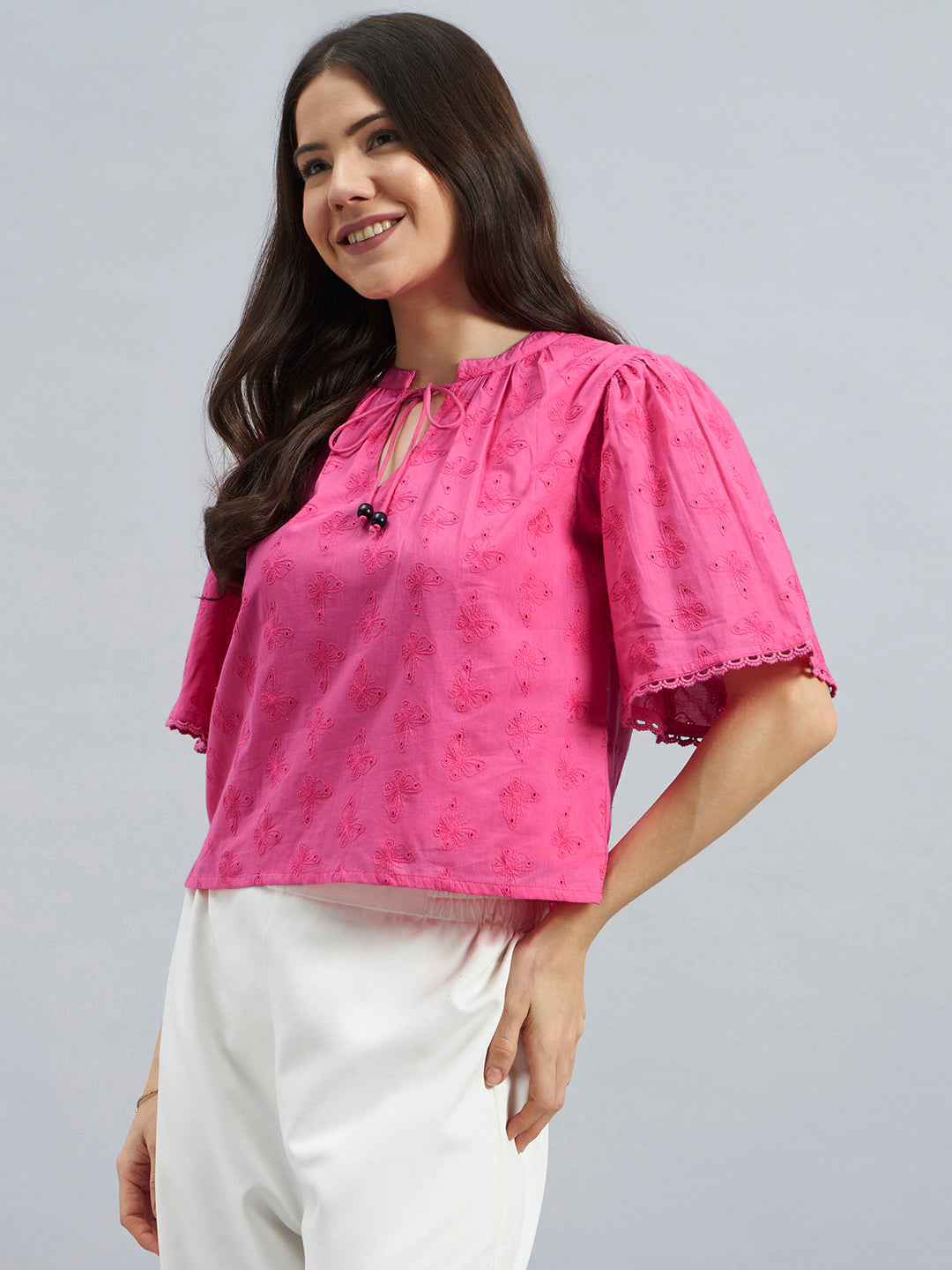 Pink Schiffly Top With Flared Sleeves In Cotton