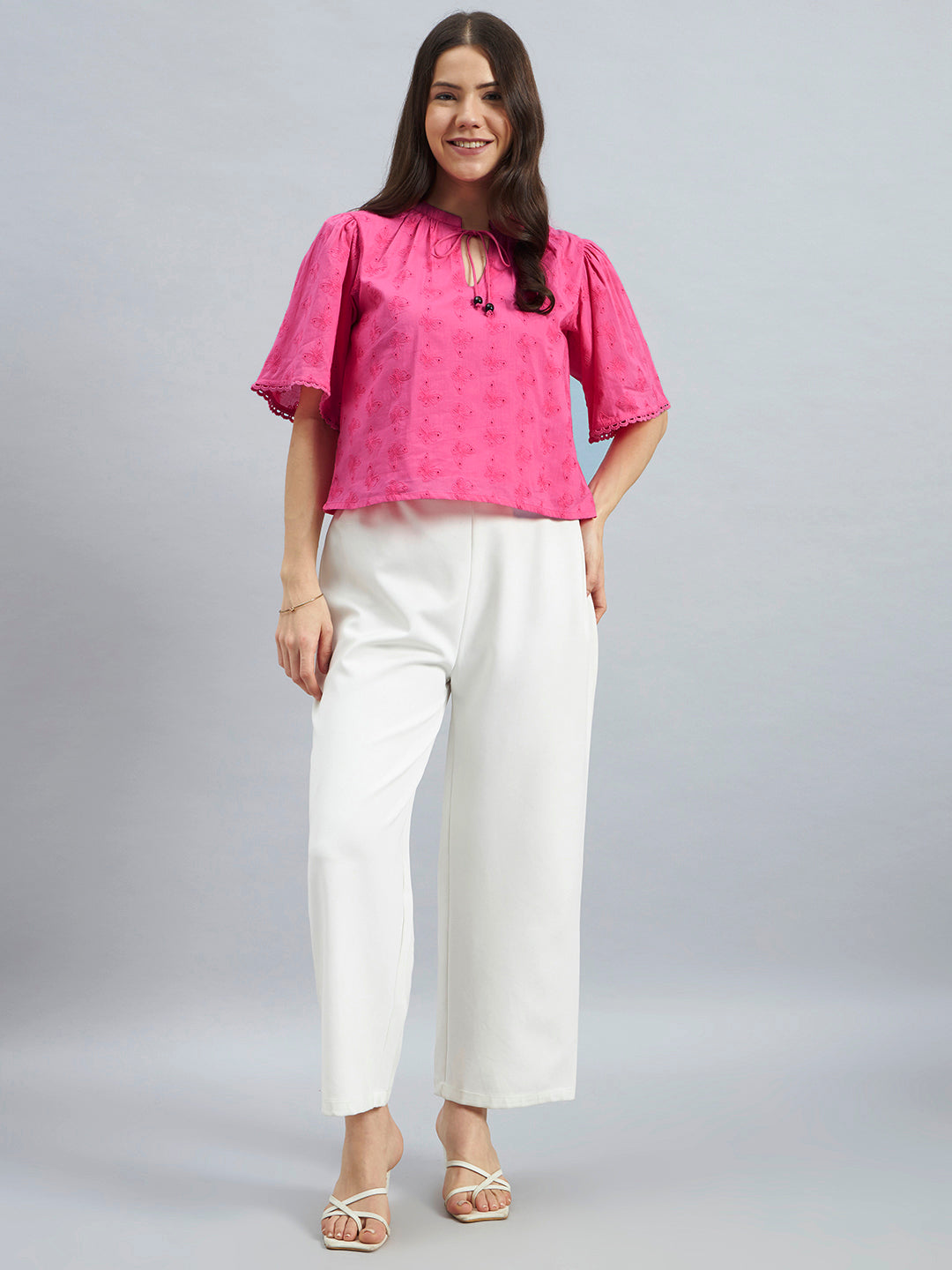 Pink Schiffly Top With Flared Sleeves In Cotton