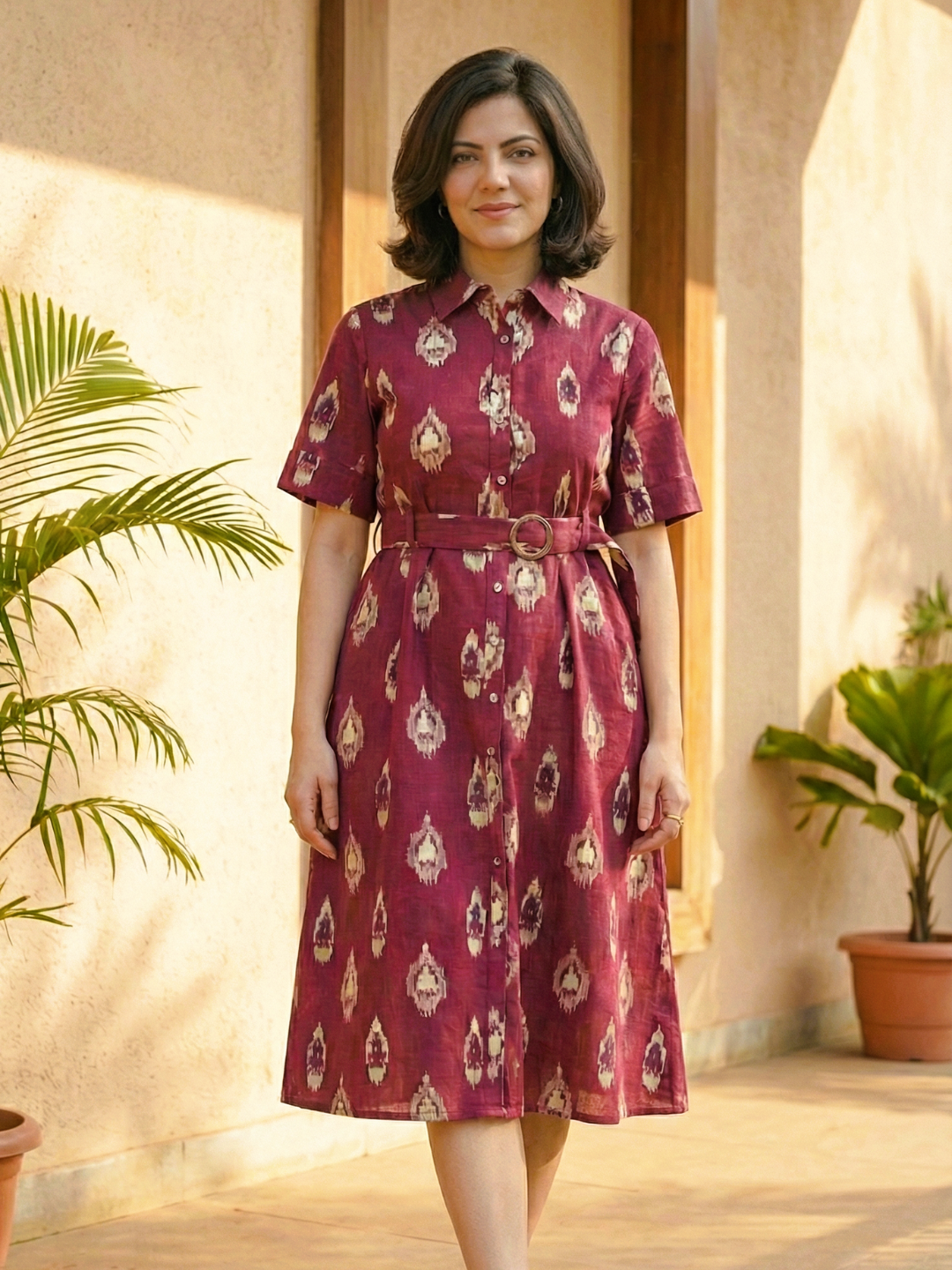 Wine Ikkat Printed Cotton Flax Dress With Belt – Midi Dress