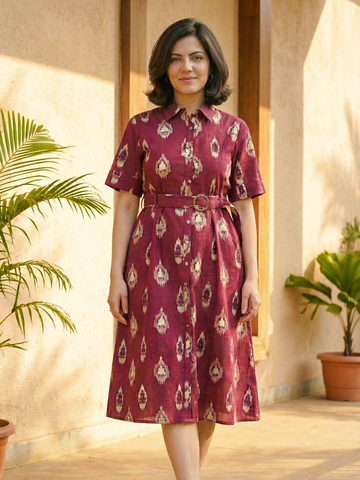 Wine Ikkat Printed Cotton Flax Dress With Belt – Midi Dress