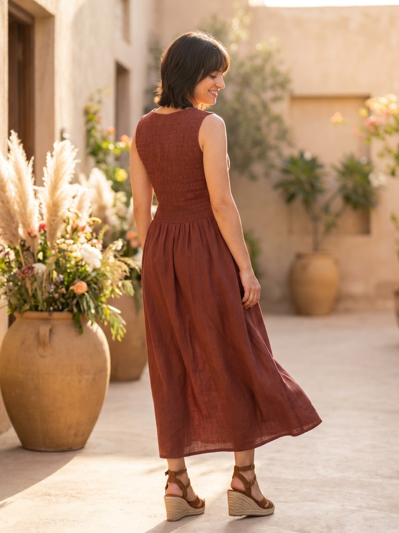 Women Maroon Smocked Fit & Flare Midi Dress